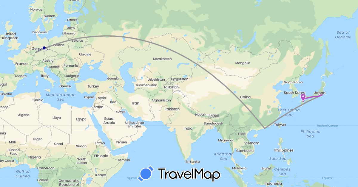 TravelMap itinerary: driving, plane, train in China, Germany, Japan (Asia, Europe)