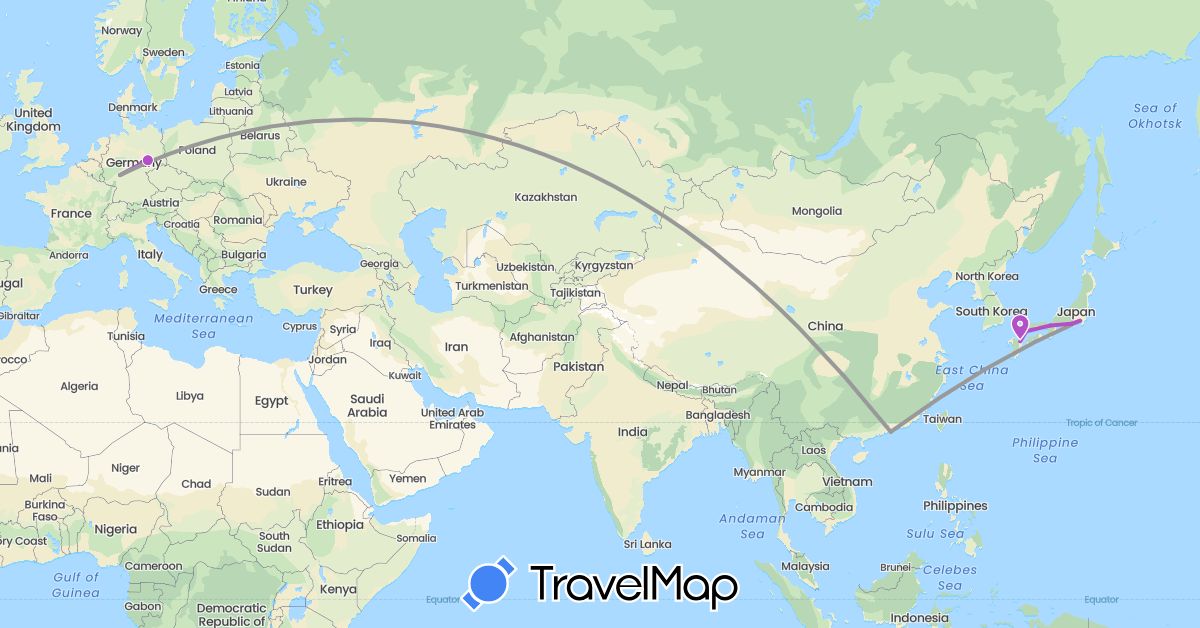 TravelMap itinerary: driving, plane, train in China, Germany, Japan (Asia, Europe)